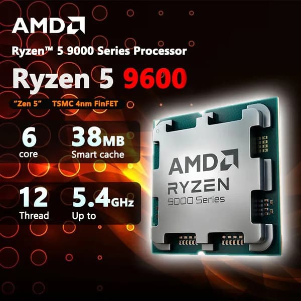 AMD Ryzen 5 9600, 6 kärnor, 12 trådar, 5.4GHz Boost-klocka