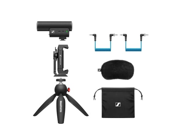 Sennheiser MKE 400 MOBILE KIT - Mikrofon pojemnościowy, superkardioidalny, wyposażony w filtr dolnoprzepustowy ze statywem Manfrotto