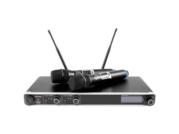 Omnitronic UHF-302 käsimikrofonisarja Lähetystyyppi (tiedot):radio Metallinen kotelo (13063302)
