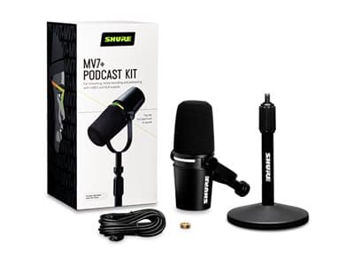 Shure MV7+K-BNDL - Mikrofon - 3-stifts XLR, USB - svart - med Shure-by-Gator skrivbordstativ - OBS-certifierad, MFi-certifierad