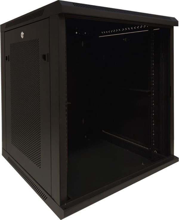 12U väggskåp med glasdörr - perforerade sidopaneler 600x600x635mm
