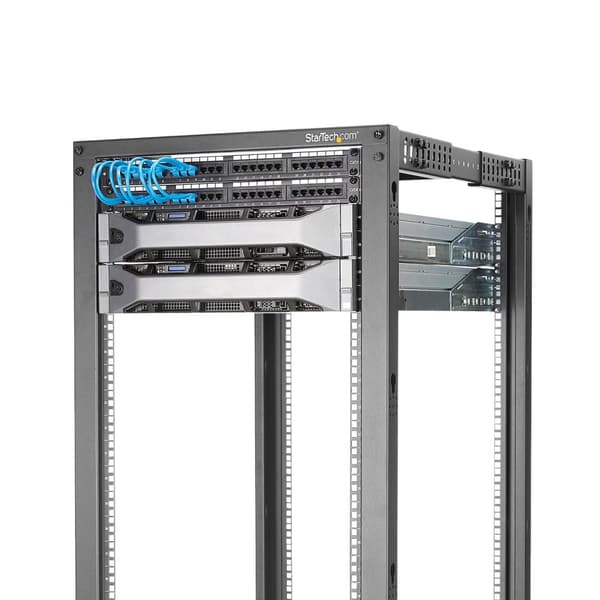 StarTech.com 25U justerbar dybde åben ramme 4 post serverrack m - hjul, nivelleringsanordninger og kabelstyringskroge - Relæstativ (4 stolper) - Sort