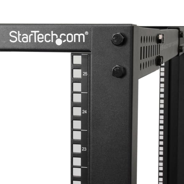 StarTech.com 25U justerbar dybde åben ramme 4 post serverrack m - hjul, nivelleringsanordninger og kabelstyringskroge - Relæstativ (4 stolper) - Sort