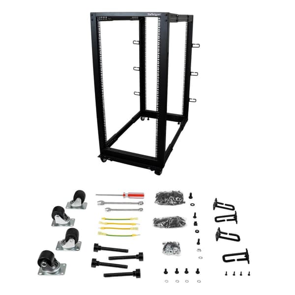 StarTech.com 25U justerbar dybde åben ramme 4 post serverrack m - hjul, nivelleringsanordninger og kabelstyringskroge - Relæstativ (4 stolper) - Sort