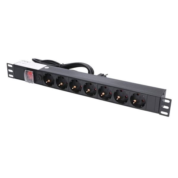 Extralink EXPDU7EU SW | Strømskinne | 19" 1U, 7 EU-stikdåser, med afbryder, 2m