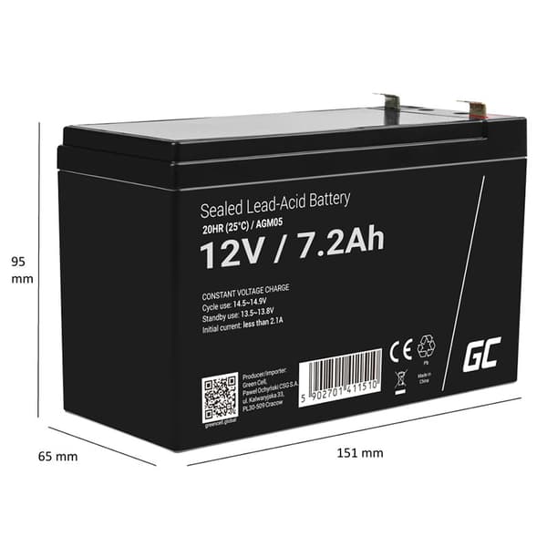 Green Cell - AGM VRLA 12V 7,2Ah vedligeholdelsesfrit batteri til alarmsystem, kasseapparat, legetøj