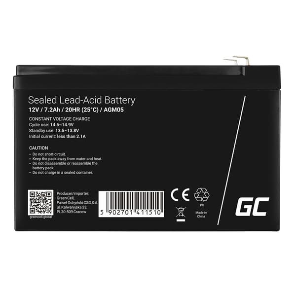 Green Cell - AGM VRLA 12V 7,2Ah vedligeholdelsesfrit batteri til alarmsystem, kasseapparat, legetøj