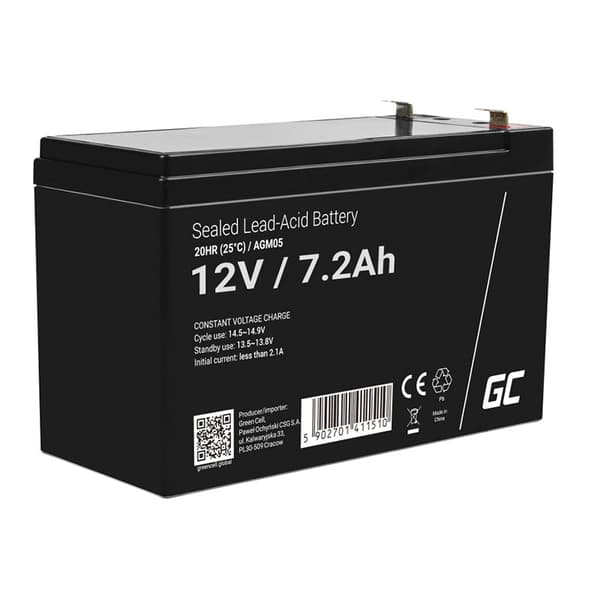 Green Cell - AGM VRLA 12V 7,2Ah vedligeholdelsesfrit batteri til alarmsystem, kasseapparat, legetøj