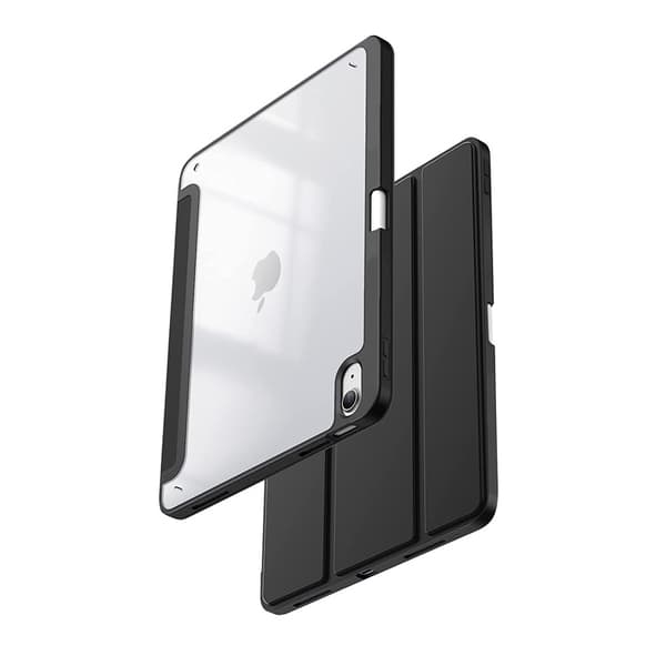 Crong PrimeFolio – iPad 10,9 tuuman kotelo (2022) jalustalla ja Apple Pencil -paikalla (musta/läpinäkyvä)