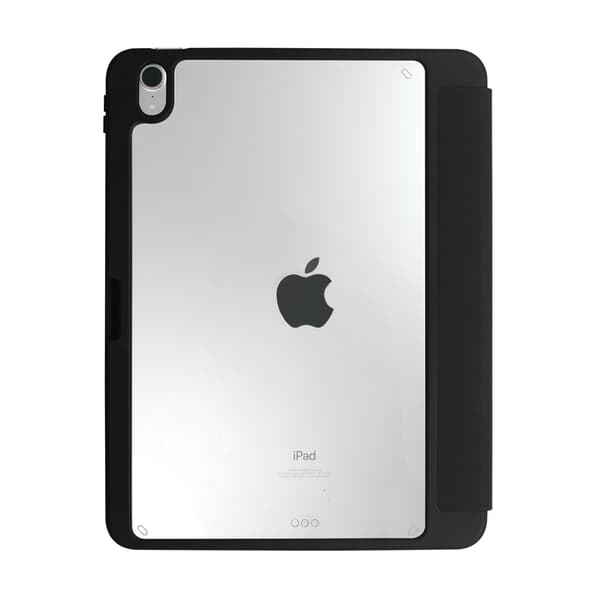 Crong PrimeFolio – iPad 10,9 tuuman kotelo (2022) jalustalla ja Apple Pencil -paikalla (musta/läpinäkyvä)