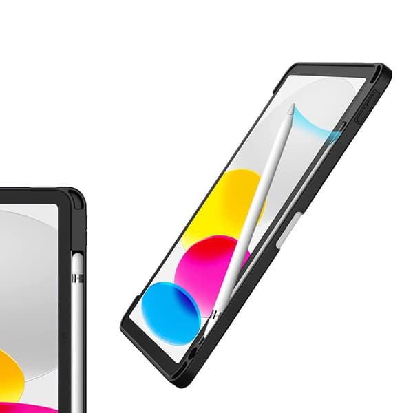 Crong PrimeFolio – iPad 10,9 tuuman kotelo (2022) jalustalla ja Apple Pencil -paikalla (musta/läpinäkyvä)
