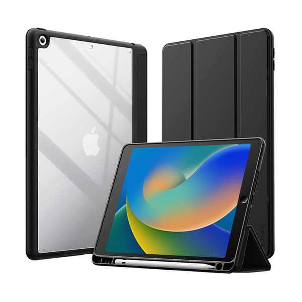 Crong PrimeFolio – iPad 10,2” etui (2021-2019) med stativ og Apple Pencil Slot (sort/klar)