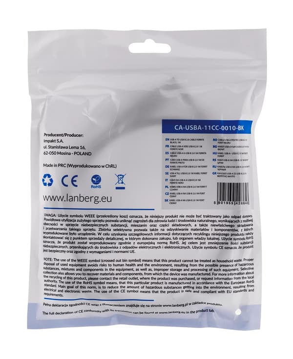 LANBERG-KAAPELI USB-A -> USB-B M/M 1M (FERRIITIN, MUSTA) CA-USBA-11CC-0010-BK