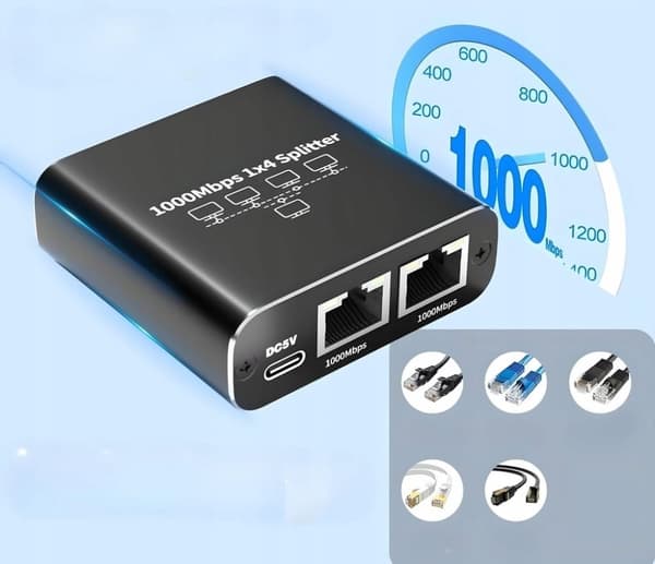 SPLITTER LAN 1x4 ADAPTER SWITCH 2xRJ45 ETHERNET 1000Mb GIGABIT