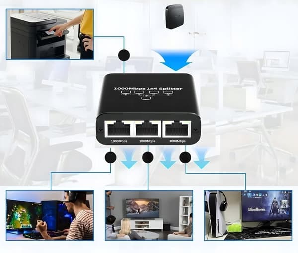 SPLITTER LAN 1x4 ADAPTER SWITCH 2xRJ45 ETHERNET 1000Mb GIGABIT