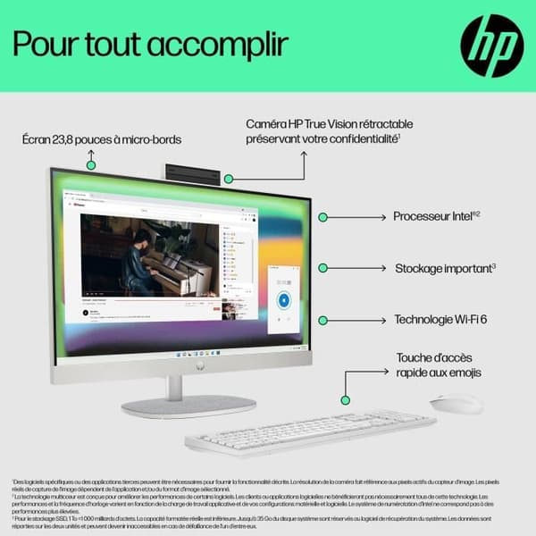 HP 24-cr0038nf All-in-One PC - Windows 11 - 23,8 FHD IPS - Ryzen 5-7520U - 8 GB RAM - 512 GB SSD-lagerplads - Kablet tastatur og mus