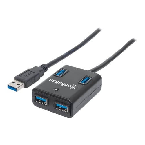 Manhattan USB-A 4-Port Hub, 4x USB-A Ports, 5 Gbps (USB 3.2 Gen1 aka USB 3.0), Bus Power, Fast charging x1 Port up to 0.9A or x4 Ports with power jack