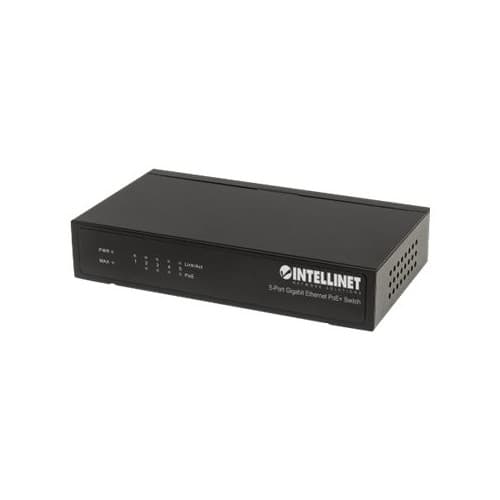 Intellinet 5-Port Gigabit Ethernet PoE+ Switch, 4 x PSE Ports, IEEE 802.3at/af Power over Ethernet (PoE+/PoE) Compliant, 60 W, Desktop - switch - 5 po Svart