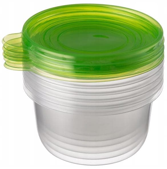 Set med 21 plastbehållare för matförvaring