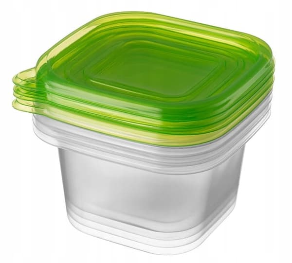 Set med 21 plastbehållare för matförvaring