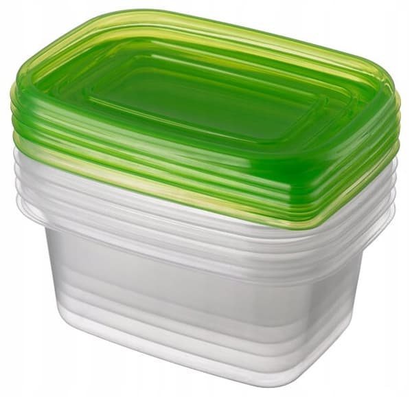 Set med 21 plastbehållare för matförvaring