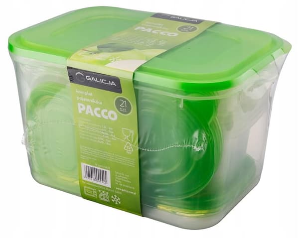 Set med 21 plastbehållare för matförvaring