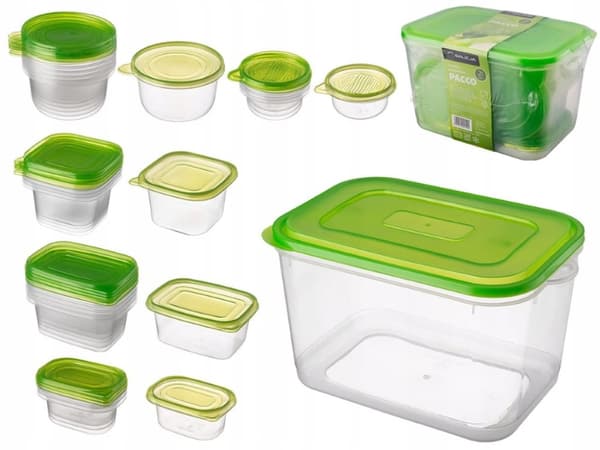 Set med 21 plastbehållare för matförvaring