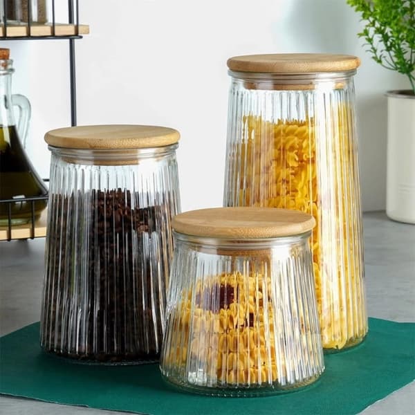 Glasbeholder til løse produkter med bambuslåg og forsegling 600 ml