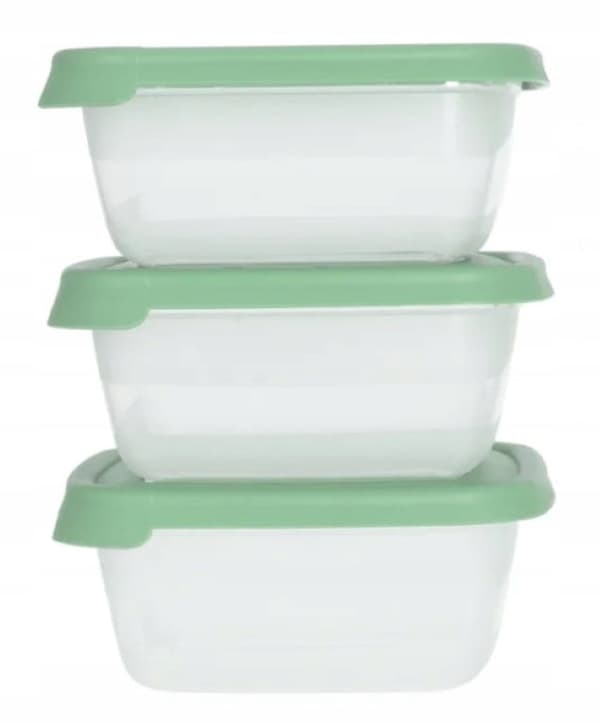 Set med 3 fyrkantiga behållare med universallock 12x12x6,5 cm