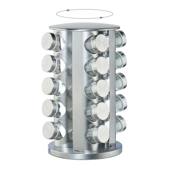 Relaxdays Kryddkarusell, 20 glasburkar, krydddisplay i rostfritt stål, 360° roterande, 34,5 cm höjd, silver