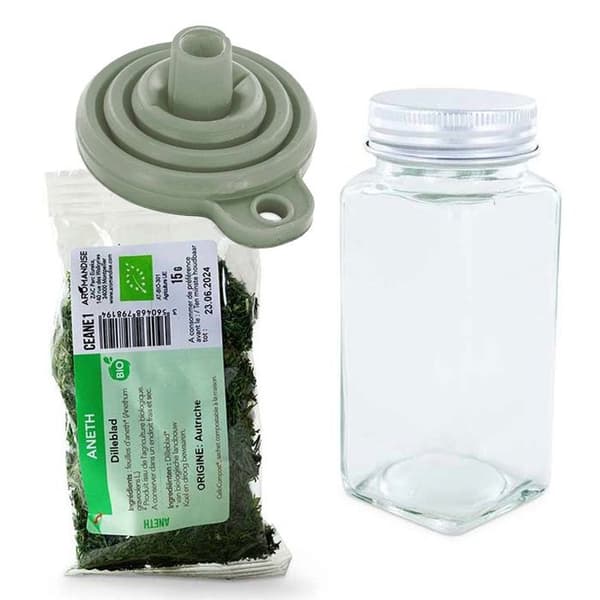 Kryddflaska i pulverform + tratt + ekologisk dill 15 g