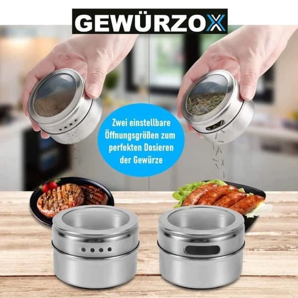 Kryddshaker - MAVURA - GEWÜRZOX - Rostfritt stål - Magnetisk - 6 burkar med stativ