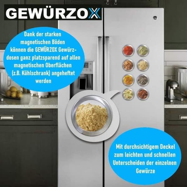 Kryddshaker - MAVURA - GEWÜRZOX - Rostfritt stål - Magnetisk - 6 burkar med stativ