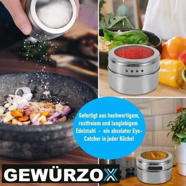 Kryddshaker - MAVURA - GEWÜRZOX - Rostfritt stål - Magnetisk - 6 burkar med stativ