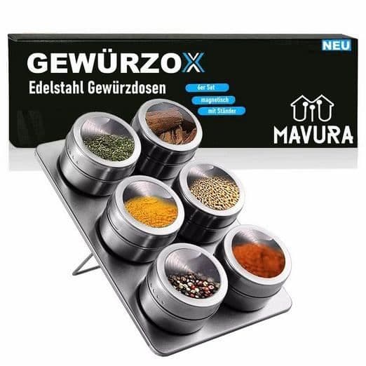Kryddshaker - MAVURA - GEWÜRZOX - Rostfritt stål - Magnetisk - 6 burkar med stativ