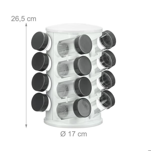 Relaxdays kryddkarusell 16 akrylglasburkar, örtkryddskärm i plast, roterbar, vit
