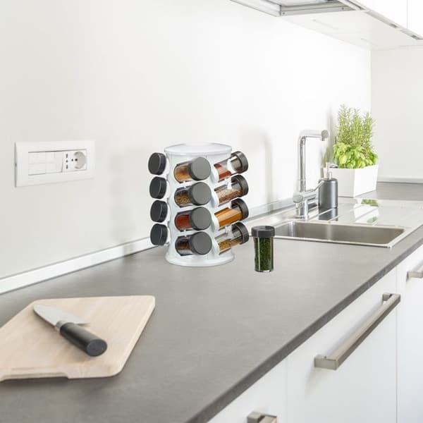 Relaxdays kryddkarusell 16 akrylglasburkar, örtkryddskärm i plast, roterbar, vit