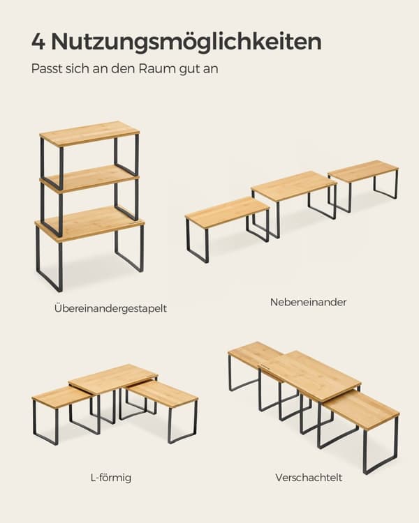 Urtestativ sæt af 3 lavet af metal og bambusblæk sort og selvfølgelig beige