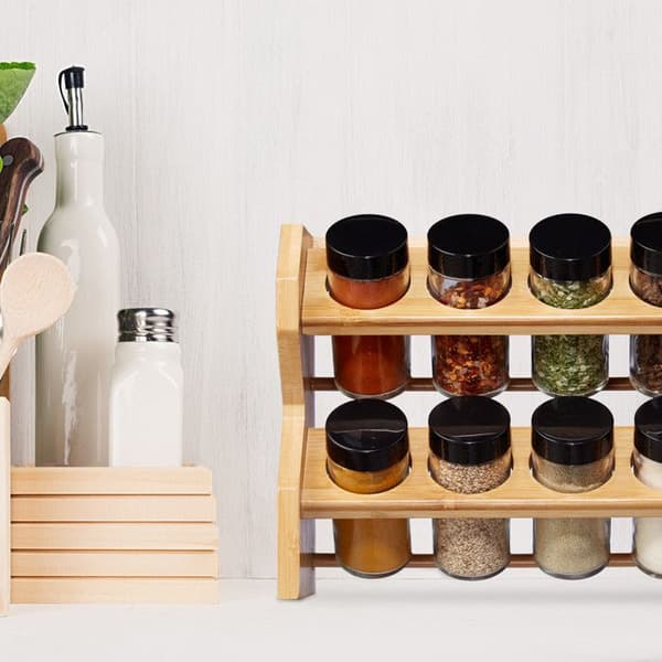 Relaxdays Bamboo Spice Rack, 8 glasburkar, Spice Display, 2-våningsorganisator, förvaring, natur