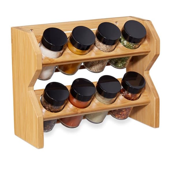 Relaxdays Bamboo Spice Rack, 8 glasburkar, Spice Display, 2-våningsorganisator, förvaring, natur