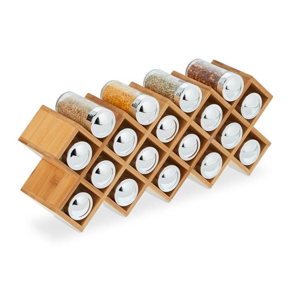 Relaxdays Bamboo kryddställ, med 18 örtkrukor, fristående, HLP: 19 x 42 x 10,5 cm, köksställ, natur