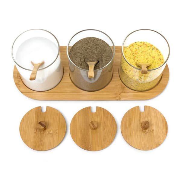Relaxdays Pot pour épices JIAO med hållare och skedar, HLP: 12 x 31 x 12 cm, för kök och matplats, natur