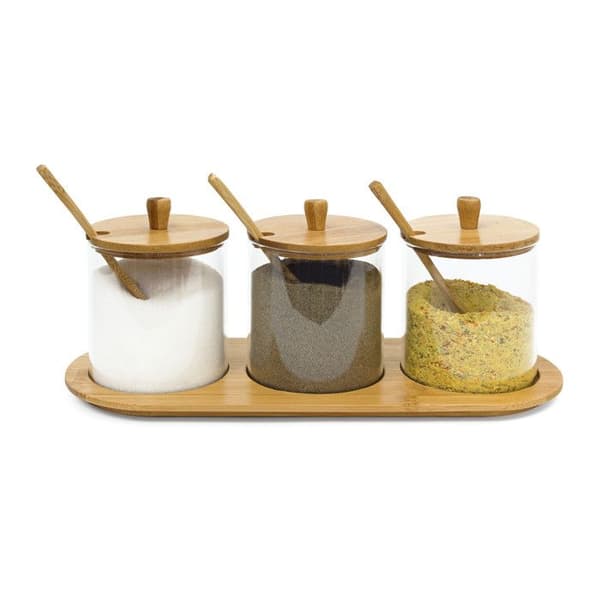 Relaxdays Pot pour épices JIAO med hållare och skedar, HLP: 12 x 31 x 12 cm, för kök och matplats, natur