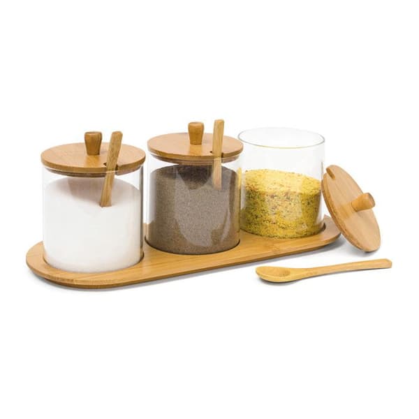 Relaxdays Pot pour épices JIAO med hållare och skedar, HLP: 12 x 31 x 12 cm, för kök och matplats, natur