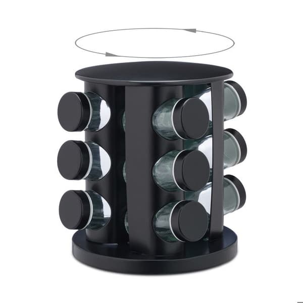 Relaxdays Spice Spinner med 12 glasburkar, roterande, silspetsar, fyllning, för kök, svart