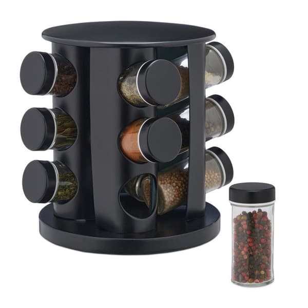 Relaxdays Spice Spinner med 12 glasburkar, roterande, silspetsar, fyllning, för kök, svart