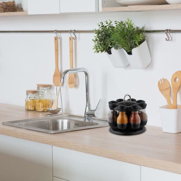 Relaxdays Kryddkarusell, 8 plastburkar, rund display, 360° roterande, HxD 17x19 cm, svart/transparent