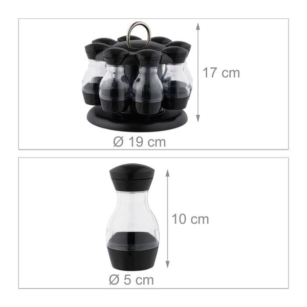 Relaxdays Kryddkarusell, 8 plastburkar, rund display, 360° roterande, HxD 17x19 cm, svart/transparent