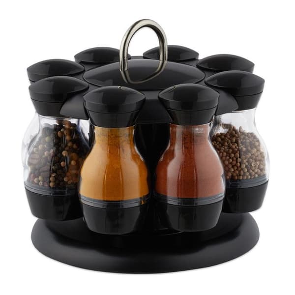 Relaxdays Kryddkarusell, 8 plastburkar, rund display, 360° roterande, HxD 17x19 cm, svart/transparent