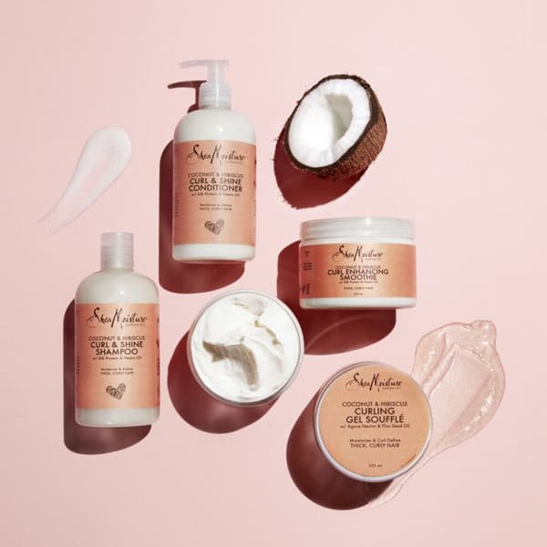 Shea Moisture Curl and Shine Conditioner för kvinnor för tjockt lockigt hår, med kokosnöt och hibiskus för att återfukta